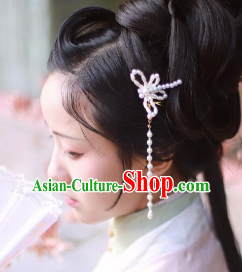 Chinese Ancient Palace Princess Hairpins Hair Accessories Handmade Ming Dynasty Court Pearls Dragonfly Tassel Hair Stick