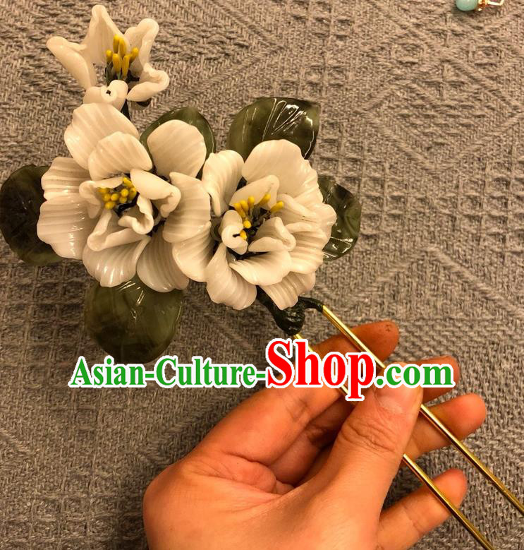 Chinese Ancient Palace Lady White Camellia Flowers Hairpins Hair Accessories Handmade Plastic Hair Stick