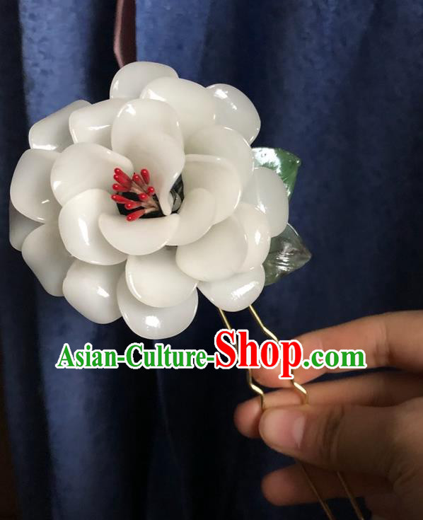 Chinese Ancient Palace Lady White Blossom Hairpins Hair Accessories Handmade Plastic Camellia Flower Hair Stick