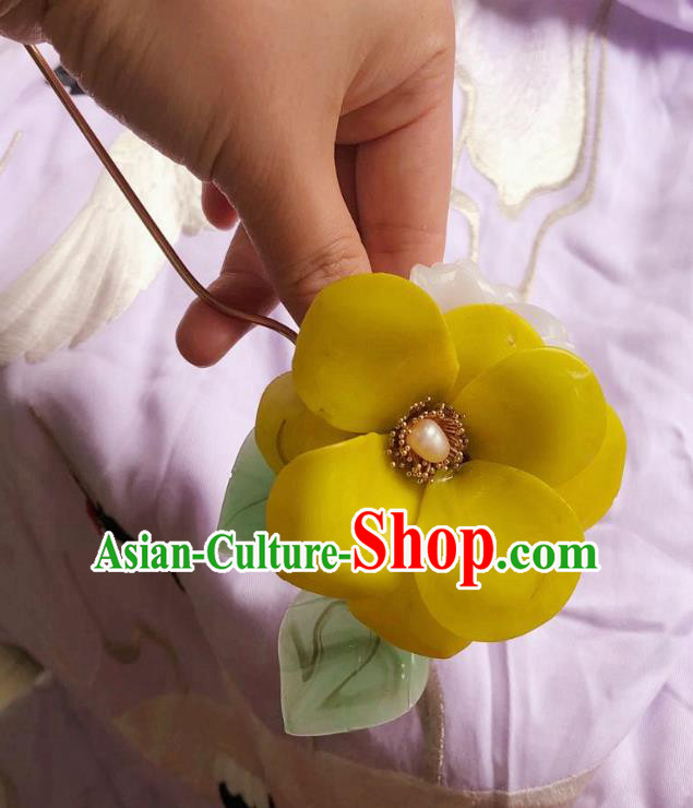 Chinese Ancient Palace Lady Pearl Blossom Hairpins Hair Accessories Handmade Plastic Camellia Yellow Flower Hair Stick