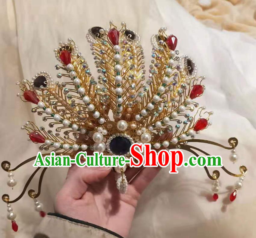 Chinese Ancient Imperial Empress Pearls Golden Hairpins Hair Accessories Handmade Ming Dynasty Court Phoenix Hair Crown