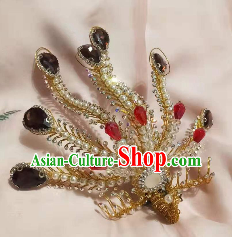 Chinese Ancient Imperial Concubine Beads Golden Hairpins Hair Accessories Handmade Ming Dynasty Court Purple Crystal Phoenix Hair Crown