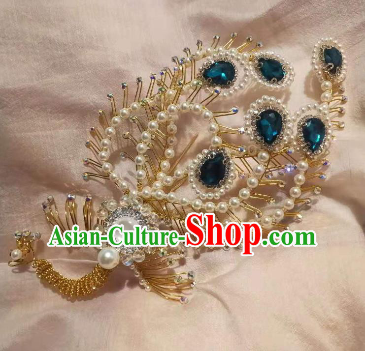 Chinese Ancient Imperial Empress Deep Blue Crystal Phoenix Hairpins Hair Accessories Handmade Ming Dynasty Court Golden Beads Hair Crown