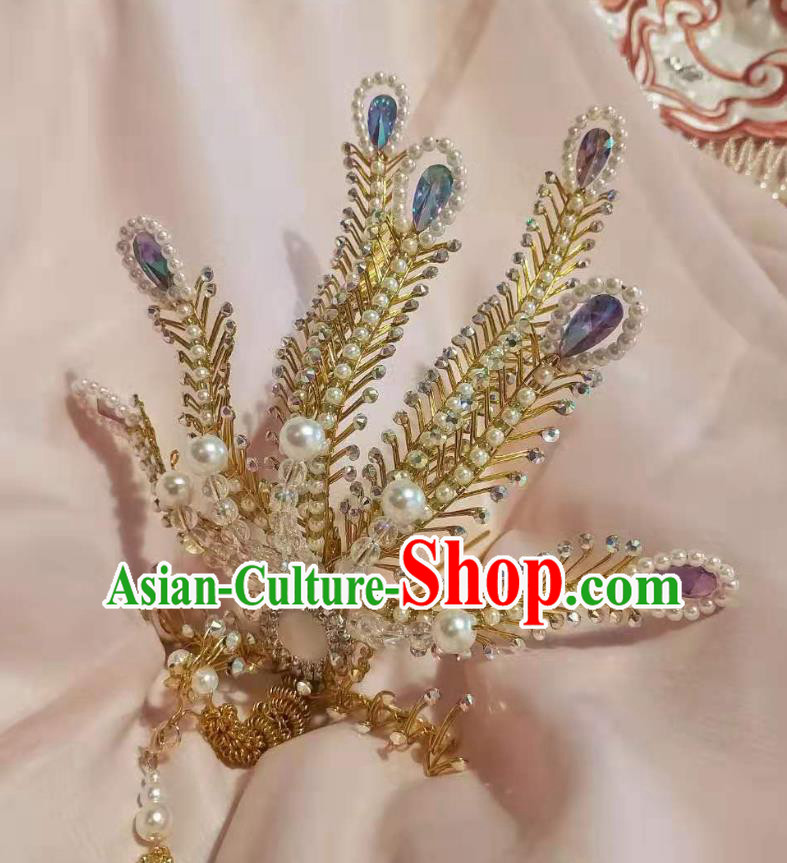 Chinese Ancient Imperial Concubine Beads Tassel Hairpins Hair Accessories Handmade Ming Dynasty Court Purple Golden Phoenix Hair Crown