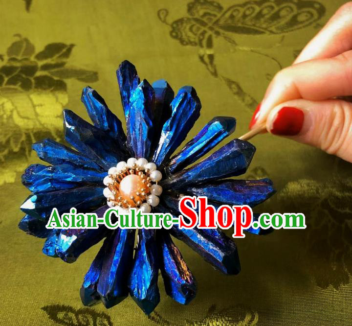 Chinese Ancient Princess Deep Blue Chrysanthemum Hairpins Hair Accessories Handmade Ming Dynasty Lapis Pearl Hair Stick