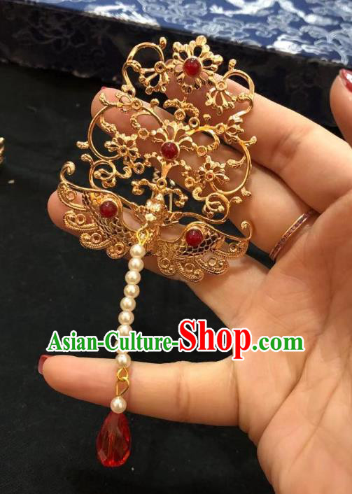 Chinese Ancient Princess Golden Phoenix Hairpins Hair Accessories Handmade Ming Dynasty Palace Tassel Hair Crown