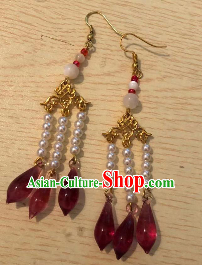 Handmade Chinese Classical Court Eardrop Cheongsam Ear Accessories Ancient Ming Dynasty Hanfu Red Tassel Earrings