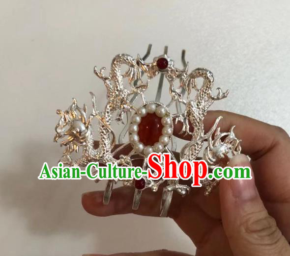 Chinese Ancient Empress Agate Dragons Hairpins Hair Accessories Handmade Ming Dynasty Palace Pearls Hair Crown