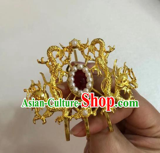 Chinese Ancient Empress Agate Golden Dragons Hair Comb Hairpins Hair Accessories Handmade Ming Dynasty Palace Pearls Hair Crown