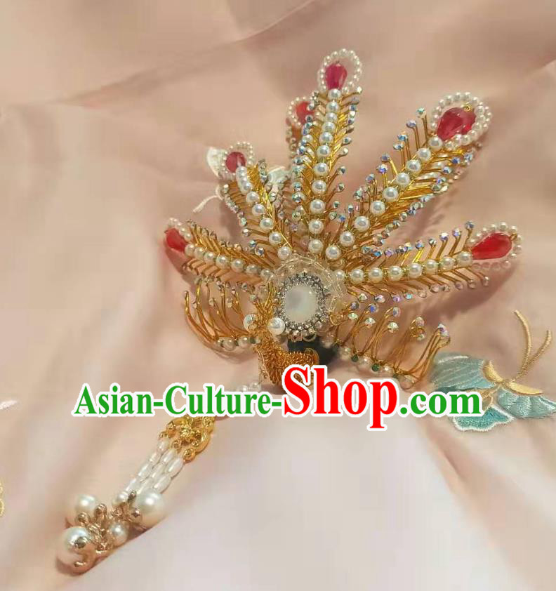 Chinese Ancient Imperial Concubine Beads Tassel Golden Hairpins Hair Accessories Handmade Ming Dynasty Court Red Beads Phoenix Hair Crown