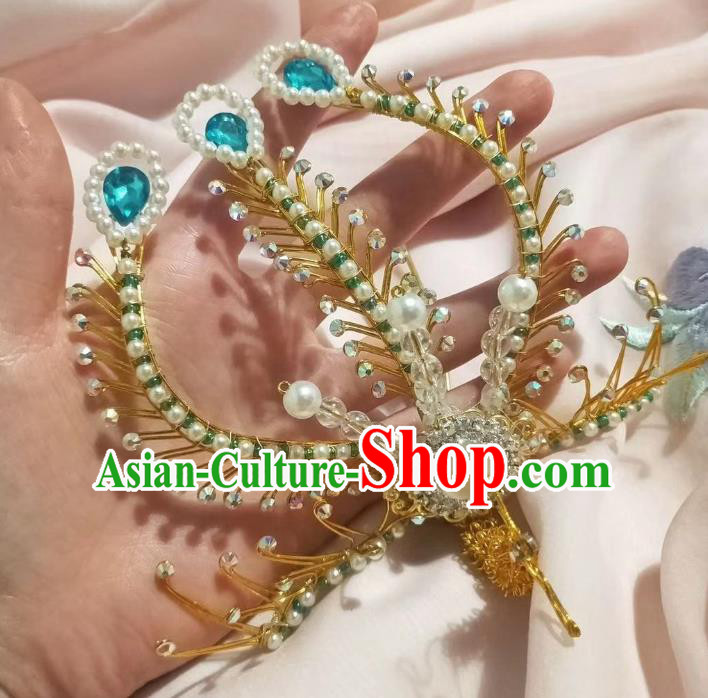 Chinese Ancient Empress Blue Crystal Hair Comb Hairpins Hair Accessories Handmade Ming Dynasty Palace Golden Phoenix Hair Crown