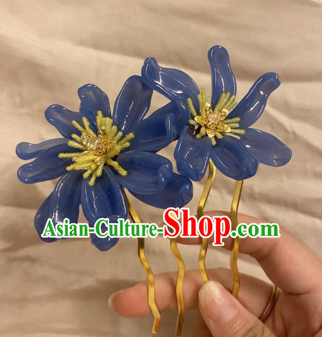 Chinese Ancient Palace Lady Deep Blue Flowers Hairpins Hair Accessories Handmade Plastic Chrysanthemum Hair Comb