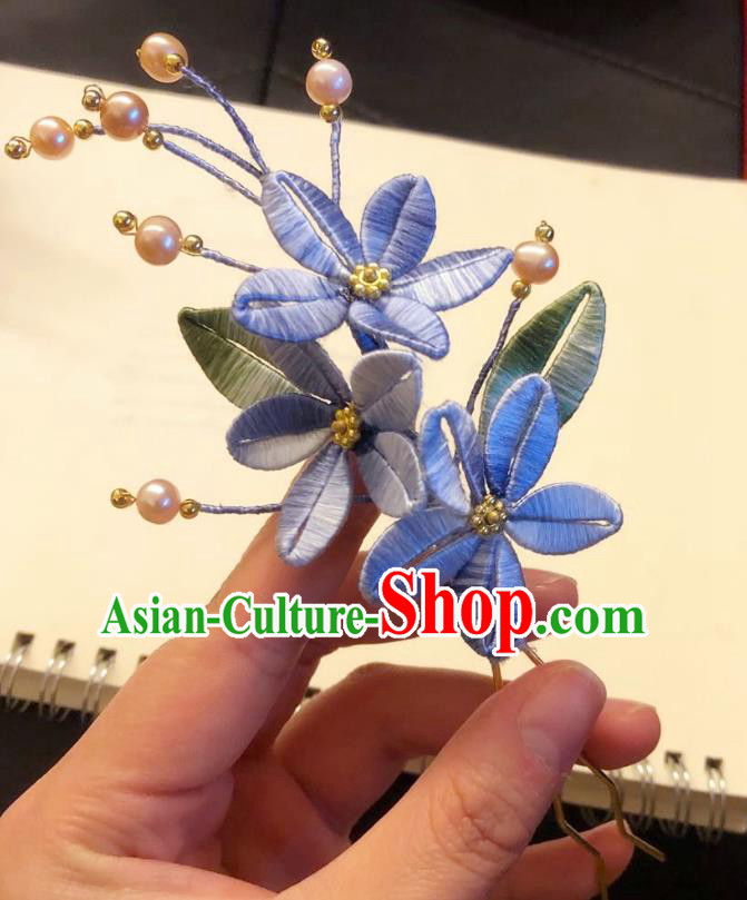 Chinese Ancient Court Lady Pearls Hairpins Hair Accessories Handmade Tang Dynasty Blue Silk Flowers Hair Stick