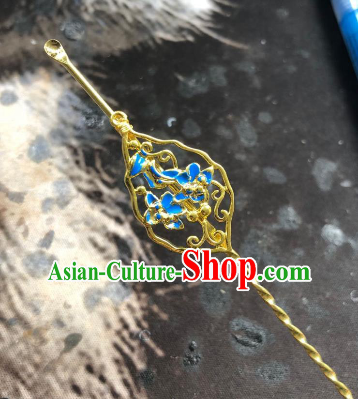 Chinese Ancient Palace Lady Blueing Flowers Hairpins Hair Accessories Handmade Ming Dynasty Queen Golden Curette Hair Stick