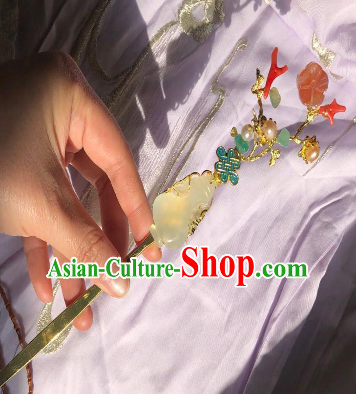 Chinese Ancient Court Women Plum Blossom Hairpins Hair Accessories Handmade Qing Dynasty Palace Jade Hair Stick