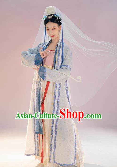 Chinese Ancient Goddess Hanfu Apparels Traditional Costumes Song Dynasty Imperial Concubine Embroidered BeiZi Top and Skirt Full Set