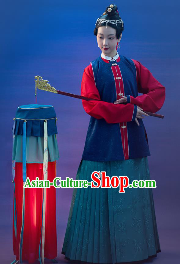 Chinese Ancient Patrician Female Hanfu Dresses Traditional Historical Costumes Ming Dynasty Court Lady Navy Brocade Vest Blouse and Skirt Complete Set