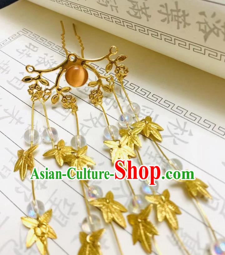 Chinese Ancient Empress Golden Maple Leaf Tassel Hair Clasp Hairpins Hair Accessories Handmade Ming Dynasty Palace Hair Stick