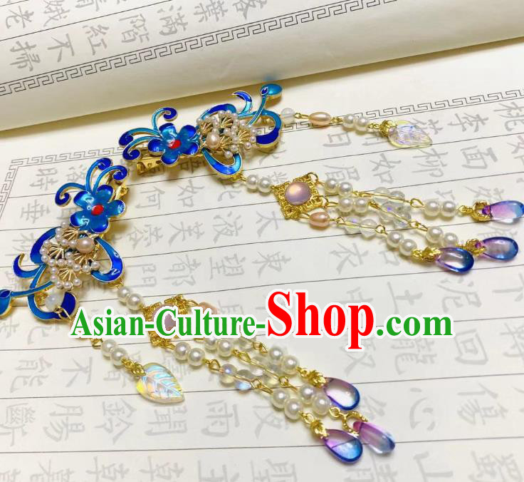 Chinese Ancient Empress Beads Tassel Hairpins Hair Accessories Handmade Ming Dynasty Palace Cloisonne Flower Hair Sticks