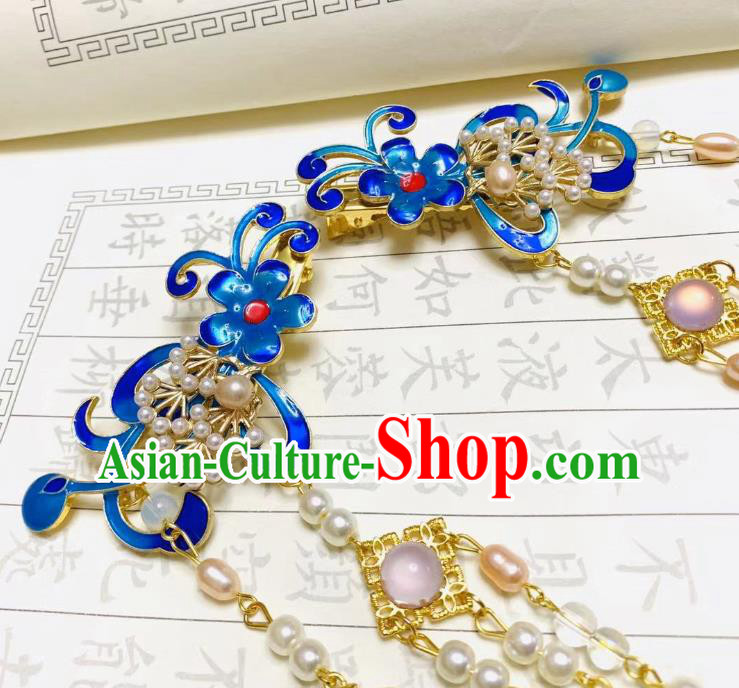 Chinese Ancient Empress Beads Tassel Hairpins Hair Accessories Handmade Ming Dynasty Palace Cloisonne Flower Hair Sticks