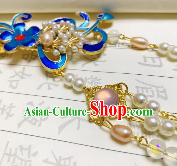 Chinese Ancient Empress Beads Tassel Hairpins Hair Accessories Handmade Ming Dynasty Palace Cloisonne Flower Hair Sticks