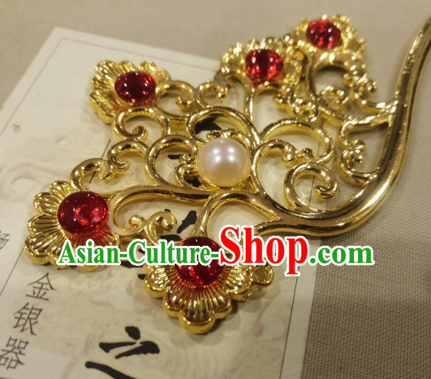 Chinese Ancient Empress Red Beads Hairpins Hair Accessories Handmade Tang Dynasty Palace Golden Hair Stick