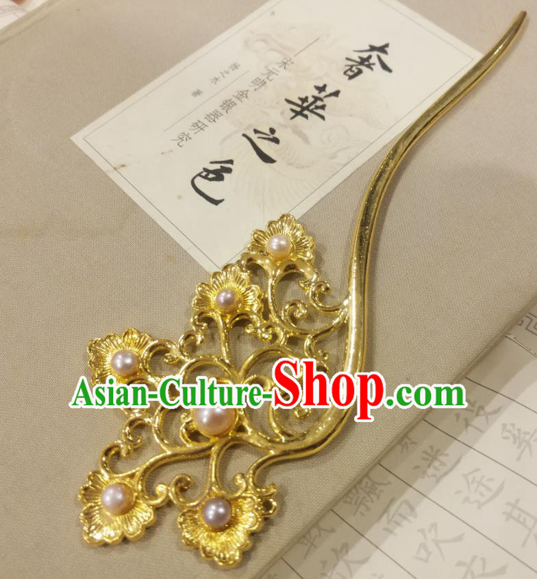 Chinese Ancient Empress Pearls Hairpins Hair Accessories Handmade Tang Dynasty Palace Golden Hair Stick