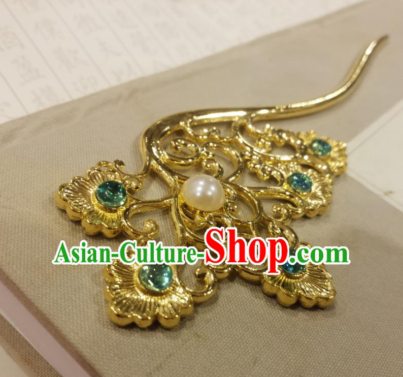 Chinese Ancient Empress Green Crystal Hairpins Hair Accessories Handmade Tang Dynasty Palace Golden Hair Stick