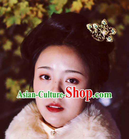 Chinese Ancient Empress Green Crystal Hairpins Hair Accessories Handmade Tang Dynasty Palace Golden Hair Stick