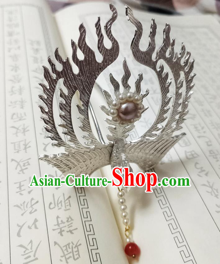 Chinese Ancient Empress Hair Crown Hairpins Hair Accessories Handmade Ming Dynasty Palace Argent Phoenix Tassel Hair Stick