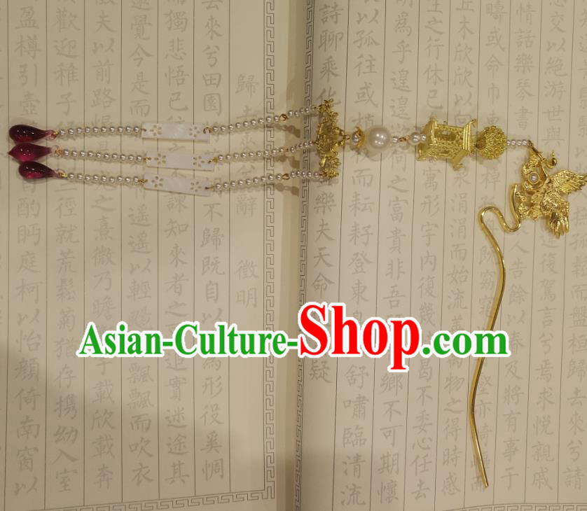 Chinese Ancient Empress Golden Tassel Step Shake Hairpins Hair Accessories Handmade Ming Dynasty Palace Phoenix Hair Stick