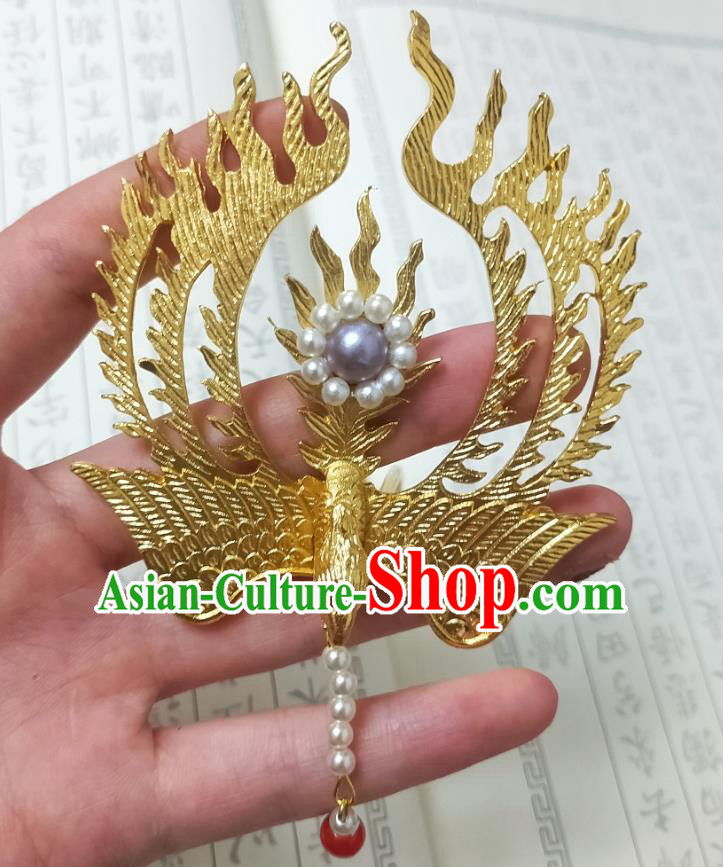 Chinese Ancient Empress Hair Crown Hairpins Hair Accessories Handmade Ming Dynasty Palace Golden Phoenix Tassel Hair Stick