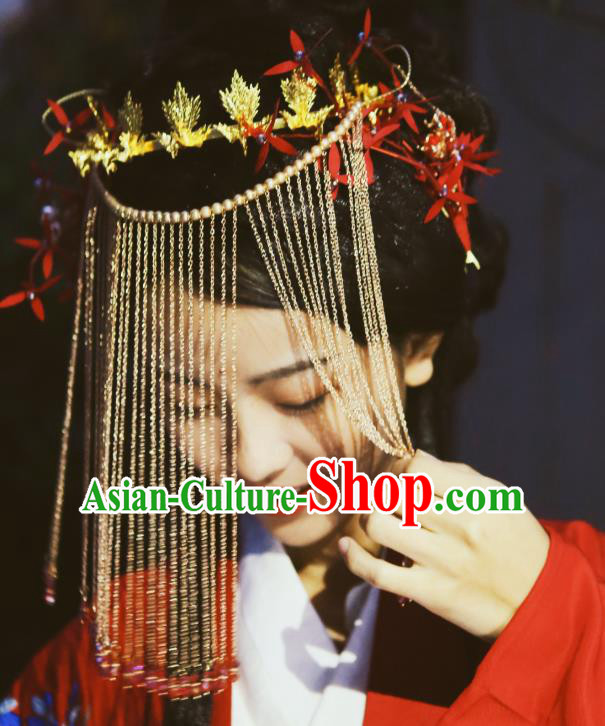 Chinese Classical Wedding Handmade Tassel Face Mask and Headwear Ancient Ming Dynasty Princess Hanfu Hair Accessories Full Set