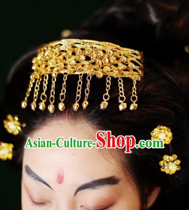 Chinese Ancient Empress Golden Bells Tassel Hairpins Hair Accessories Handmade Tang Dynasty Court Hair Stick