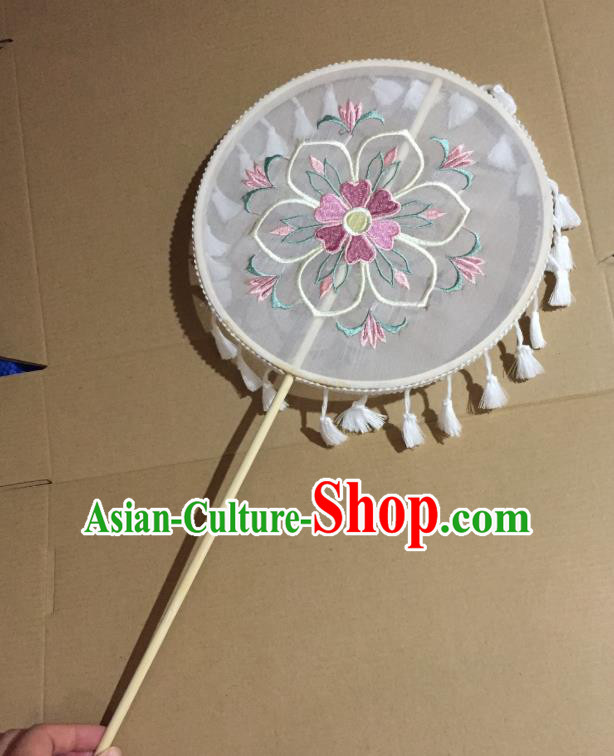 Chinese Classical Wedding White Tassel Silk Fans Handmade Round Fan Ancient Tang Dynasty Princess Hanfu Embroidered Palace Fan