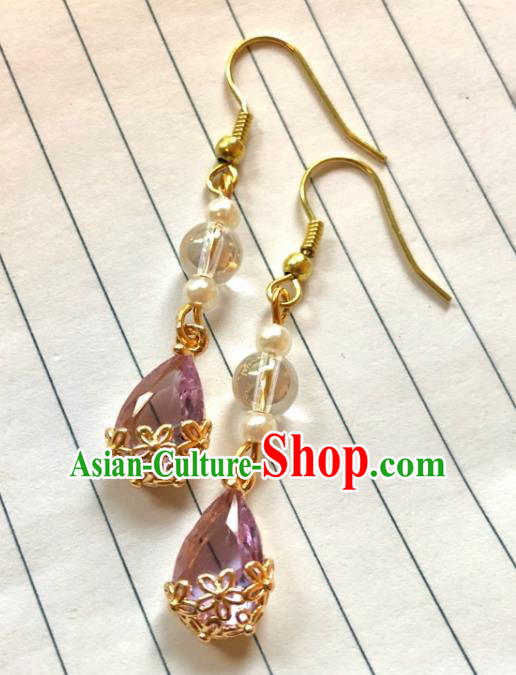 Handmade Chinese Classical Eardrop Ear Accessories Ancient Ming Dynasty Princess Hanfu Purple Crystal Earrings