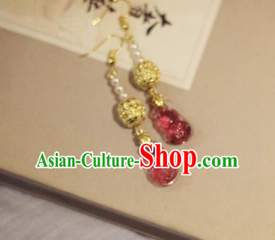 Handmade Chinese Classical Garnet Eardrop Ear Accessories Ancient Ming Dynasty Princess Hanfu Golden Earrings