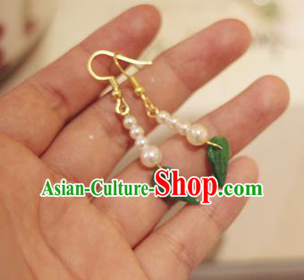 Handmade Chinese Classical Jadeite Leaf Eardrop Ear Accessories Ancient Ming Dynasty Princess Hanfu Pearls Earrings