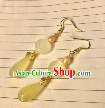Handmade Chinese Classical Topaz Eardrop Ear Accessories Ancient Ming Dynasty Princess Hanfu Pearl Earrings