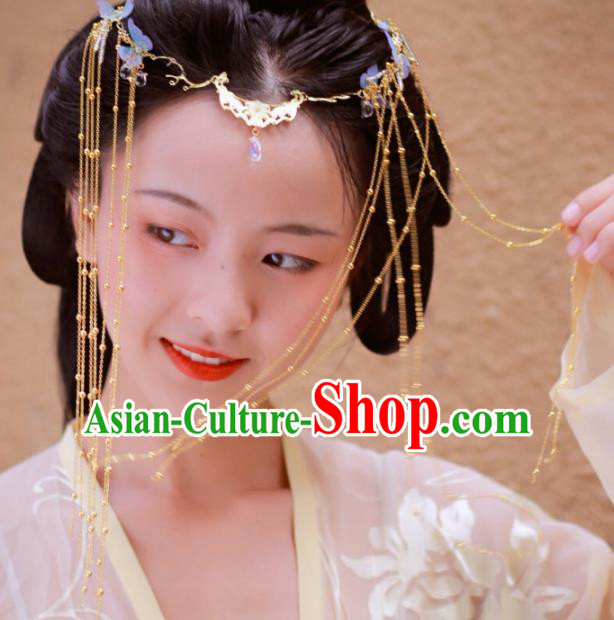 Chinese Ancient Empress Golden Tassel Hair Clasp Hairpins Hair Accessories Handmade Tang Dynasty Palace Frontlet Hair Stick