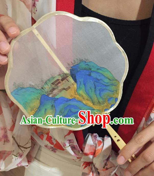 Chinese Classical Wood Handle Silk Fans Handmade Fan Ancient Ming Dynasty Princess Hanfu Landscape Painting Palace Fan