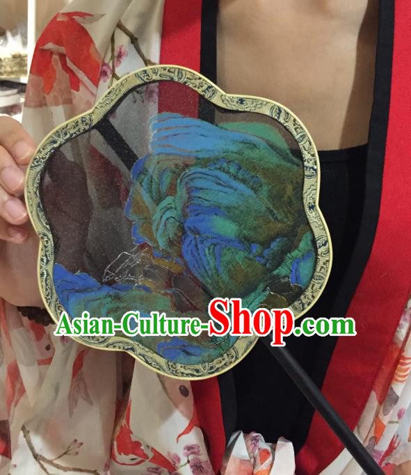 Chinese Classical Landscape Painting Fans Handmade Fan Ancient Ming Dynasty Princess Hanfu Black Silk Palace Fan