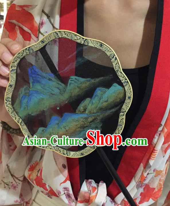 Chinese Classical Fans Handmade Fan Ancient Ming Dynasty Princess Hanfu Landscape Painting Black Silk Palace Fan