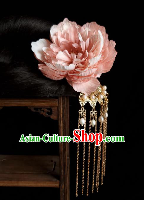 Chinese Ancient Empress Pink Silk Peony Hairpins Hair Accessories Handmade Hanfu Golden Tassel Hair Stick