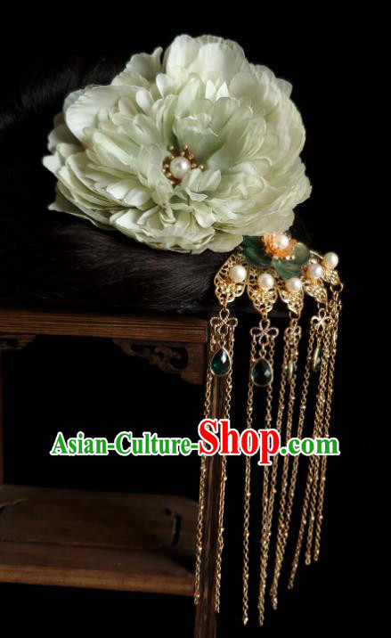 Chinese Ancient Empress Green Silk Peony Hairpins Hair Accessories Handmade Hanfu Golden Tassel Hair Stick