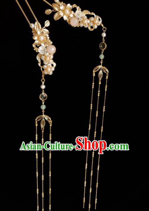 Chinese Ancient Empress Pink Chalcedony Hairpins Hair Accessories Handmade Ming Dynasty Hanfu Golden Tassel Pearls Hair Stick