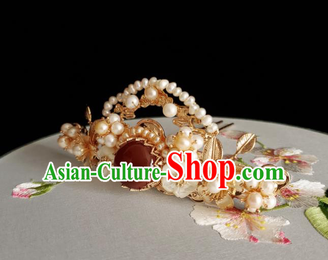 Chinese Ancient Empress Red Stone Hair Crown Hairpins Hair Accessories Handmade Ming Dynasty Hanfu Pearls Hair Stick