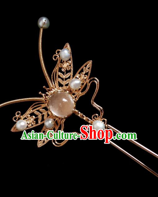 Chinese Ancient Royal Princess Albite Hairpins Hair Accessories Handmade Ming Dynasty Hanfu Golden Dragonfly Hair Stick