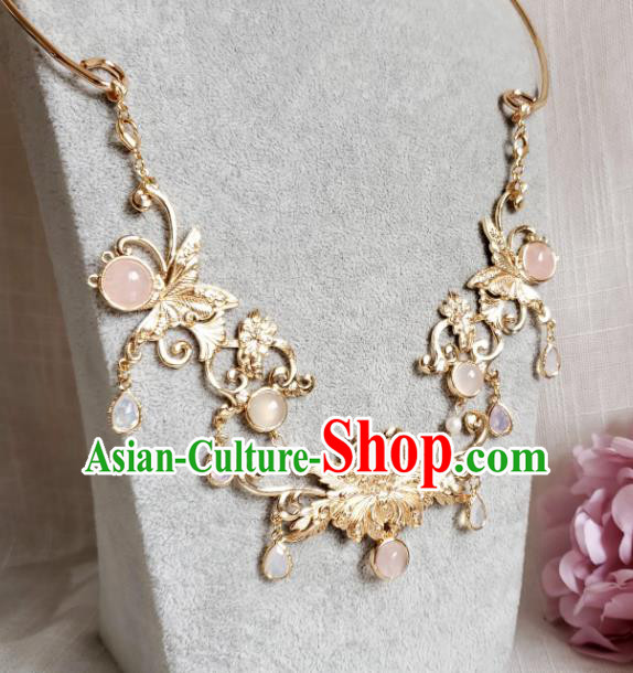 Chinese Handmade Golden Chrysanthemum Necklet Classical Jewelry Accessories Ancient Princess Hanfu Necklace Longevity Lock for Women