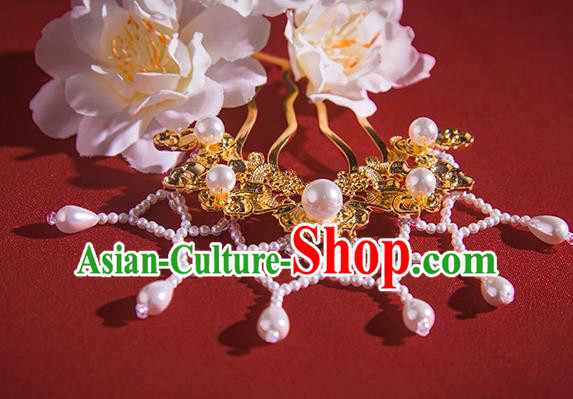 Chinese Ancient Queen Golden Hair Comb Handmade Ming Dynasty Empress Hair Accessories Hanfu Pearls Tassel Hairpins